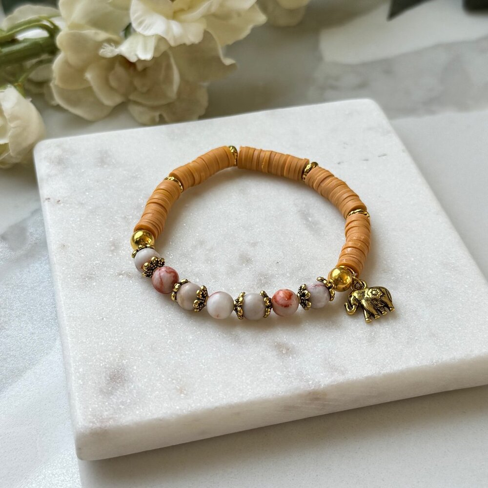 Red vein jasper, clay beads stretch boho bracelet, rubber discs beads jewelry,